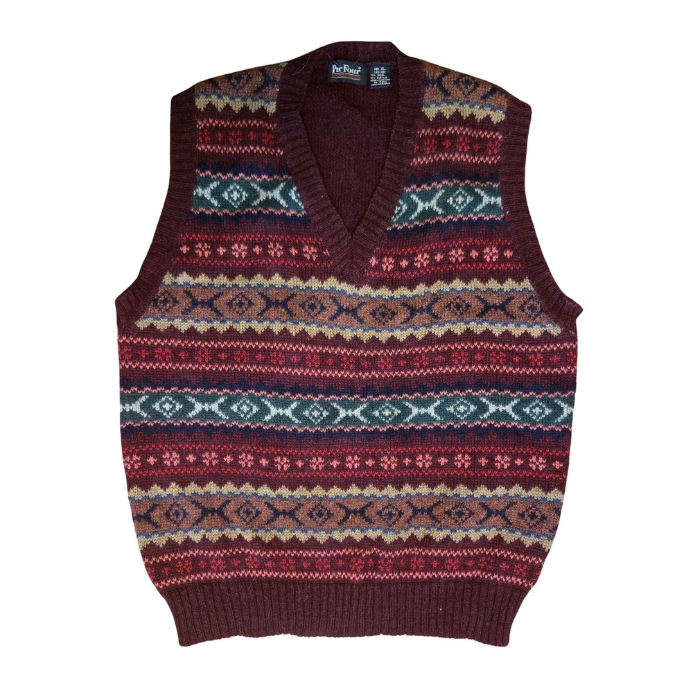 Par Four Vintage Fair Isle Wool Blend Sweater Vest Burgundy Multi V-Neck XL Vtg